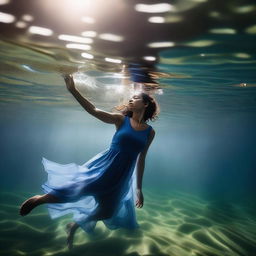 A mixed race woman wearing a blue dress is asleep underwater in a river, reaching up with one hand