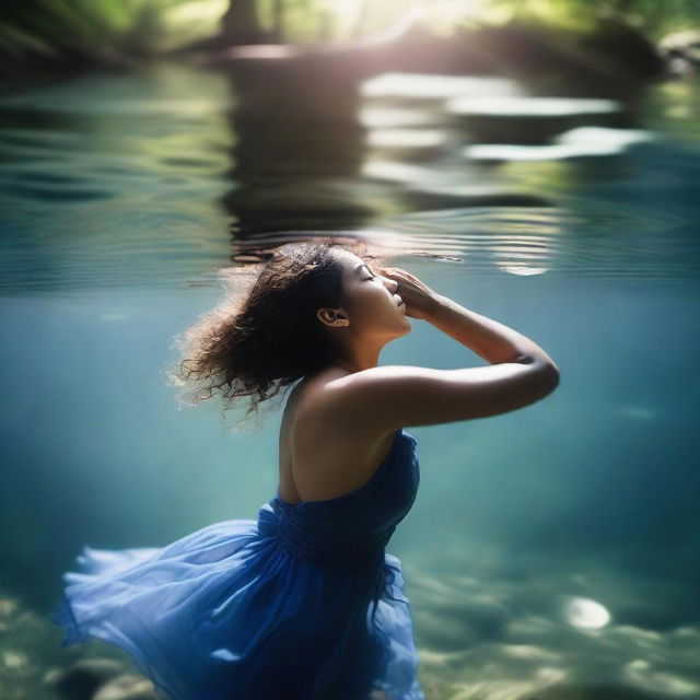 A mixed race woman wearing a blue dress is asleep underwater in a river, reaching up with one hand