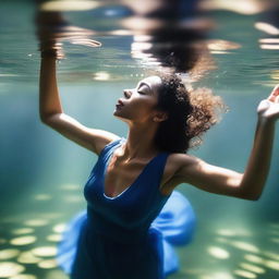 A mixed race woman wearing a blue dress is asleep underwater in a river, reaching up out of the water with one hand