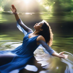 A mixed race woman wearing a blue dress is asleep underwater in a river, reaching up out of the water with one hand