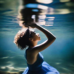 A mixed race woman wearing a blue dress is asleep underwater in a river, reaching up out of the water with one hand