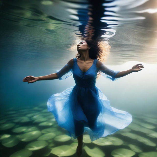 A mixed race woman wearing a blue dress is asleep underwater in a river, reaching up out of the water with one hand