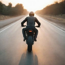 A rear view of a man in a dynamic sporty posture riding a Caferacer motorcycle on an empty road at sunrise.