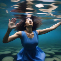 A mixed-race woman wearing a blue dress is asleep underwater in a river