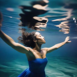 A mixed-race woman wearing a blue dress is asleep underwater in a river