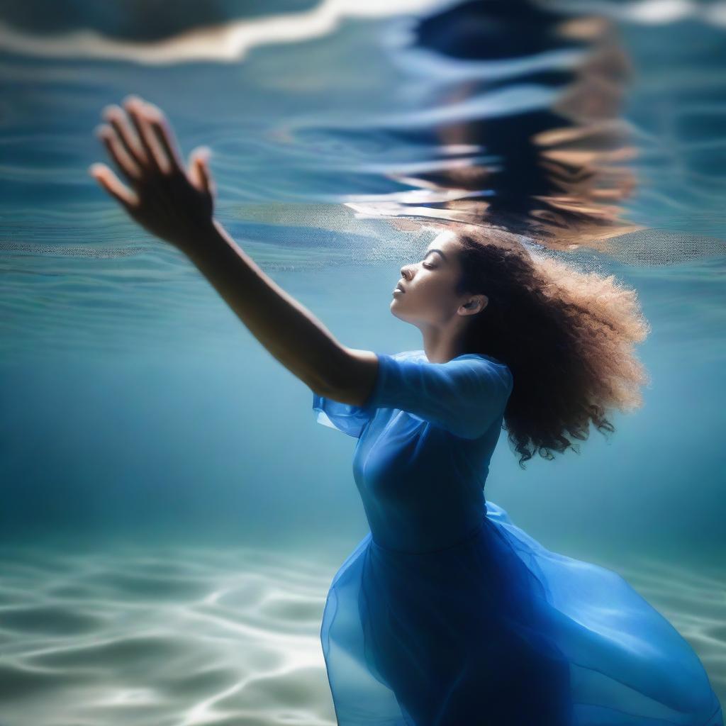 A mixed-race woman wearing a blue dress is asleep underwater in a river