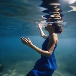 A mixed-race woman wearing a blue dress is asleep underwater in a river