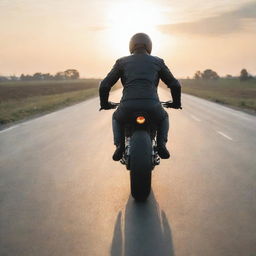 A rear view of a man in a dynamic sporty posture riding a Caferacer motorcycle on an empty road at sunrise.