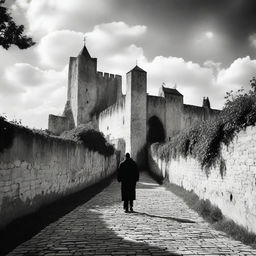 A black and white image of Cluj on a semi-cloudy day, featuring the historic fortress walls