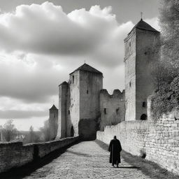 A black and white image of Cluj on a semi-cloudy day, featuring the historic fortress walls