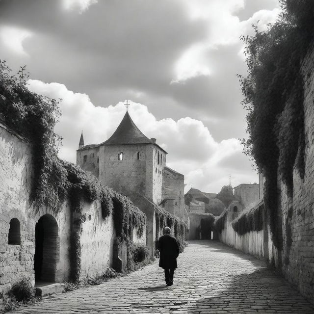 A black and white image of Cluj on a semi-cloudy day, featuring the historic fortress walls