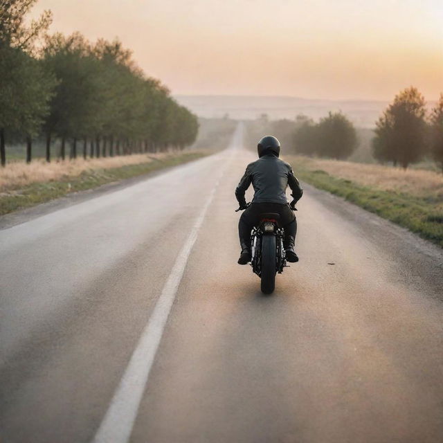 A rear view of a man in a sporty posture, riding a Caferacer motorcycle on a serene, empty road, surrounded by relaxing landscapes bathed in sunrise.