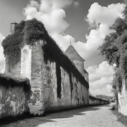 A black and white image of Cluj on a semi-cloudy day, featuring the historic fortress walls