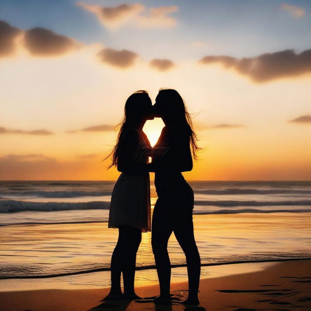 A romantic scene featuring two girls sharing a kiss