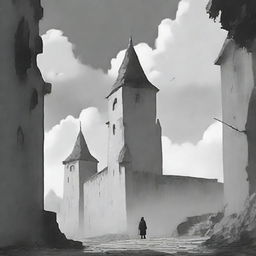 An animated black and white scene featuring the fortress walls of Cluj on a semi-cloudy day