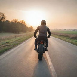 A rear view of a man in a sporty posture, riding a Caferacer motorcycle on a serene, empty road, surrounded by relaxing landscapes bathed in sunrise.