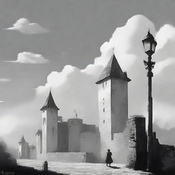 An animated black and white scene featuring the fortress walls of Cluj on a semi-cloudy day