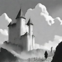 An animated black and white scene featuring the fortress walls of Cluj on a semi-cloudy day