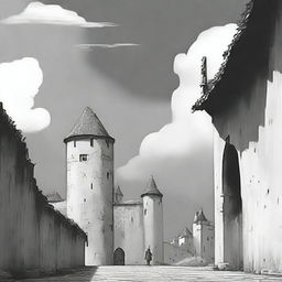 An animated black and white scene featuring the fortress walls of Cluj on a semi-cloudy day