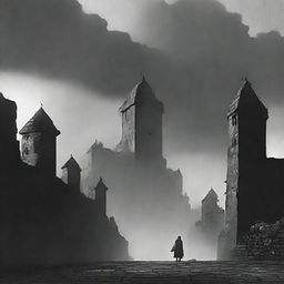 An animated, black and white depiction of the rundown fortress walls in Cluj during a thunderstorm