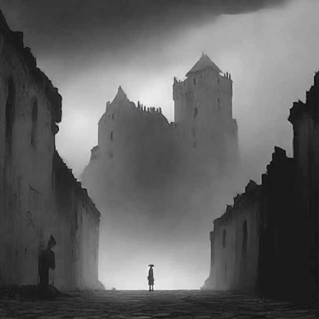 An animated, black and white depiction of the rundown fortress walls in Cluj during a thunderstorm