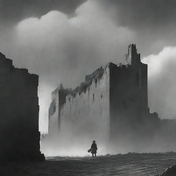 An animated, black and white depiction of the rundown fortress walls in Cluj during a thunderstorm