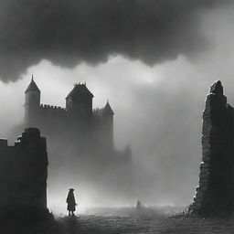 An animated, black and white depiction of the rundown fortress walls in Cluj during a thunderstorm