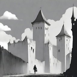 An animated black and white image depicting the rundown fortress walls of Cluj on a semi-cloudy day