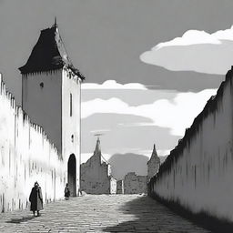 An animated black and white image depicting the rundown fortress walls of Cluj on a semi-cloudy day