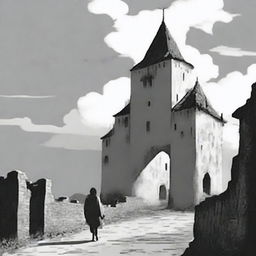 An animated black and white image depicting the rundown fortress walls of Cluj on a semi-cloudy day