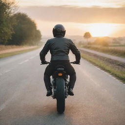 A rear view of a man in a sporty posture, riding a Caferacer motorcycle on a serene, empty road, surrounded by relaxing landscapes bathed in sunrise.