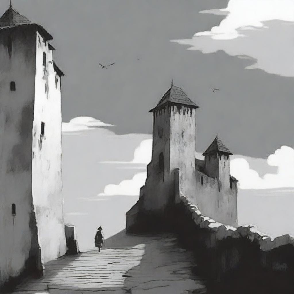 An animated black and white image depicting the rundown fortress walls of Cluj on a semi-cloudy day