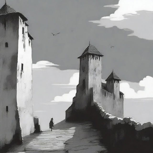 An animated black and white image depicting the rundown fortress walls of Cluj on a semi-cloudy day