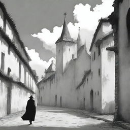 A black and white animated scene depicting the rundown fortress walls of Cluj on a semi-cloudy day