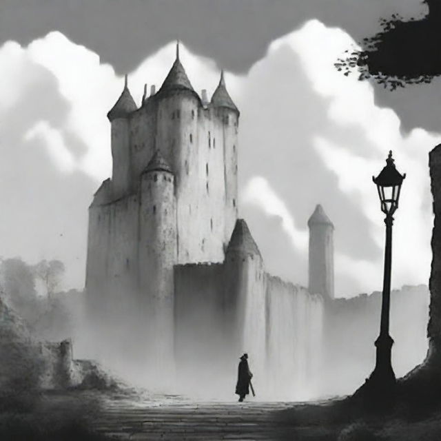 A black and white animated scene depicting the rundown fortress walls of Cluj on a semi-cloudy day