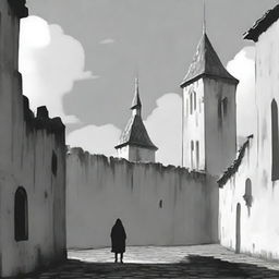 A black and white animated scene depicting the rundown fortress walls of Cluj on a semi-cloudy day