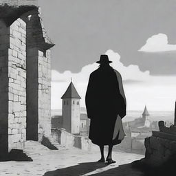 A black and white animated scene depicting the rundown fortress walls of Cluj on a semi-cloudy day