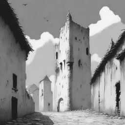 An animated, black and white depiction of the rundown fortress walls in Cluj on a semi-cloudy day