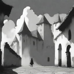 An animated, black and white depiction of the rundown fortress walls in Cluj on a semi-cloudy day