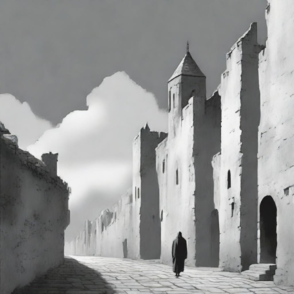 An animated, black and white depiction of the rundown fortress walls in Cluj on a semi-cloudy day