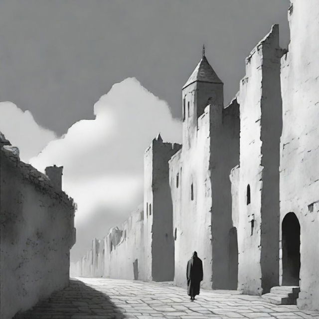 An animated, black and white depiction of the rundown fortress walls in Cluj on a semi-cloudy day