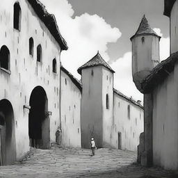 An animated, black and white depiction of the rundown fortress walls in Cluj on a semi-cloudy day