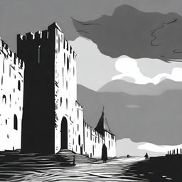 A black and white animated scene of the rundown fortress walls in Cluj