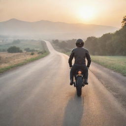 A rear view of a man in a sporty posture, riding a Caferacer motorcycle on a serene, empty road, surrounded by relaxing landscapes bathed in sunrise.