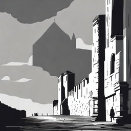 A black and white animated scene of the rundown fortress walls in Cluj