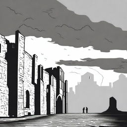 A black and white animated scene of the rundown fortress walls in Cluj