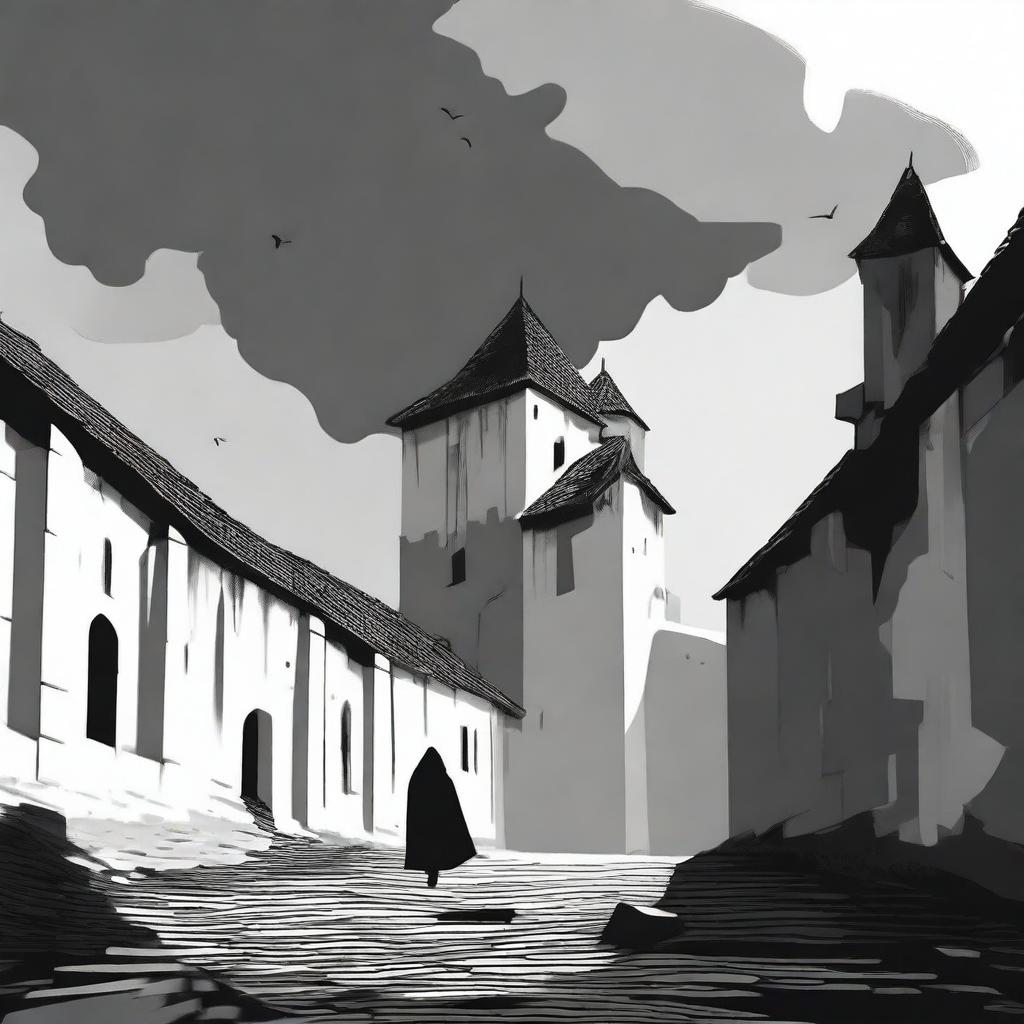 A black and white animated scene of the rundown fortress walls in Cluj