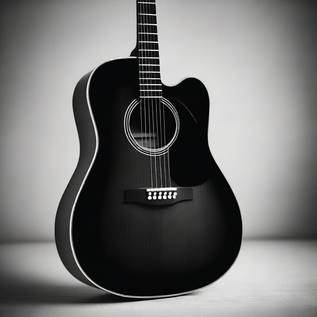 A black and white image of an acoustic guitar