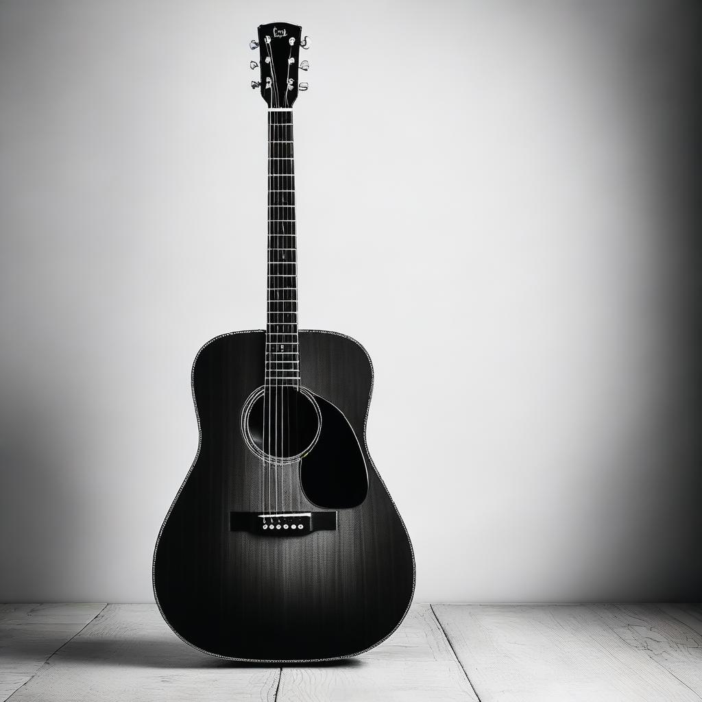 A black and white image of an acoustic guitar