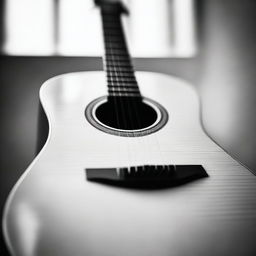 A black and white image of an acoustic guitar